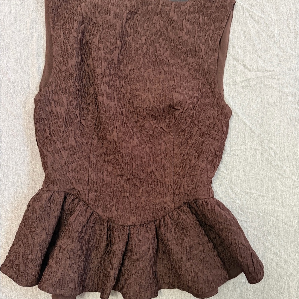 Zara Chocolate Frilled Jacquard Ruffled Hem Top